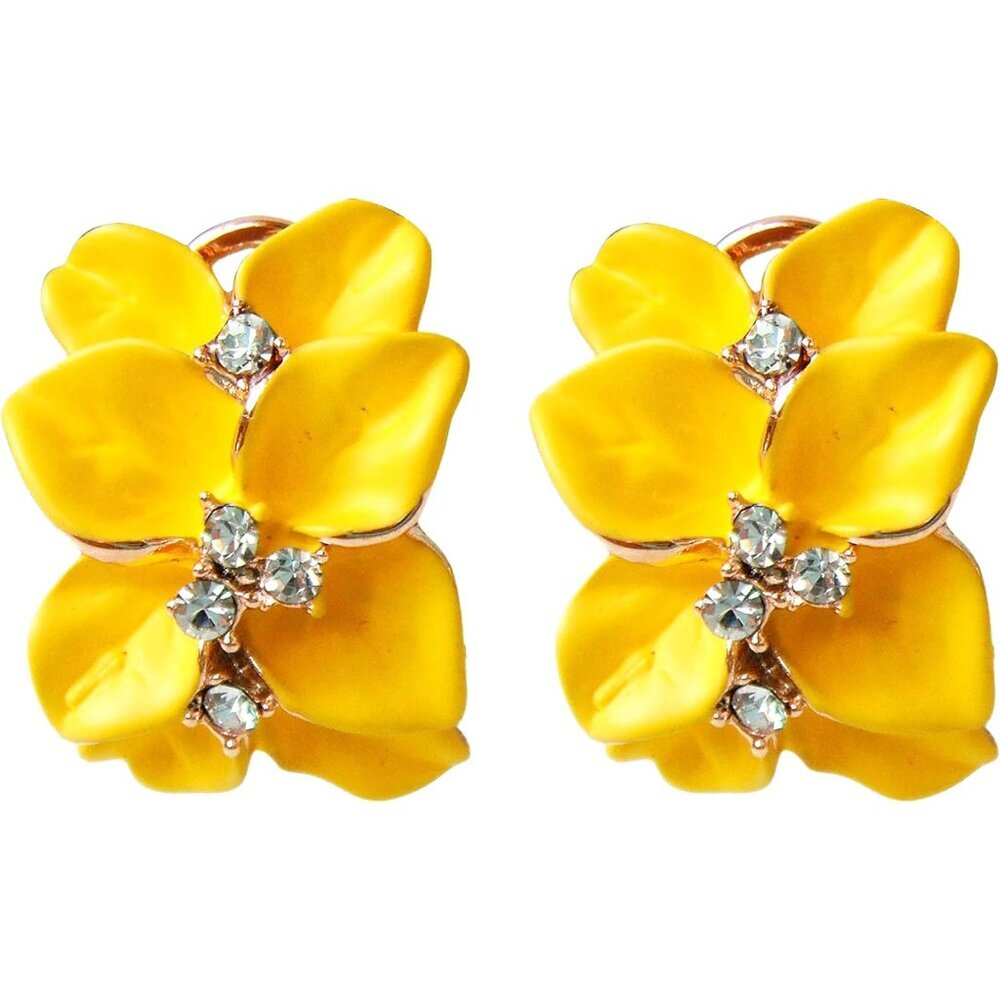 18k Gold Plated White Crystal colorful Enamel Leaves Flower Omega Back Earrings